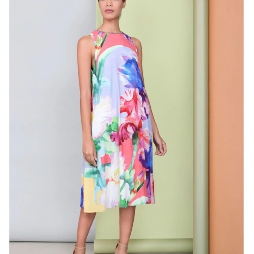 BL^NK LONDON X ANTHRO Ashleigh Trapeze Watercolor Floral Midi Dress Size XS - Picture 2 of 12